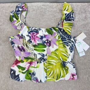 Guess Carine Peplum Top Womens M Linen Blend Island Tropical Floral Ruffle Boho
